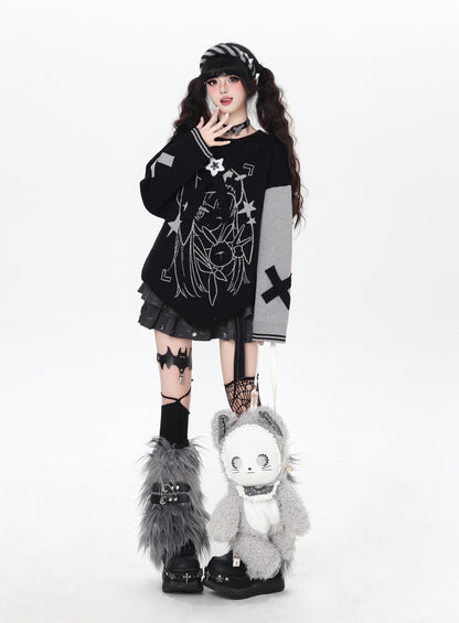 ゴシック サブカル 肩見せイラストプリントニット