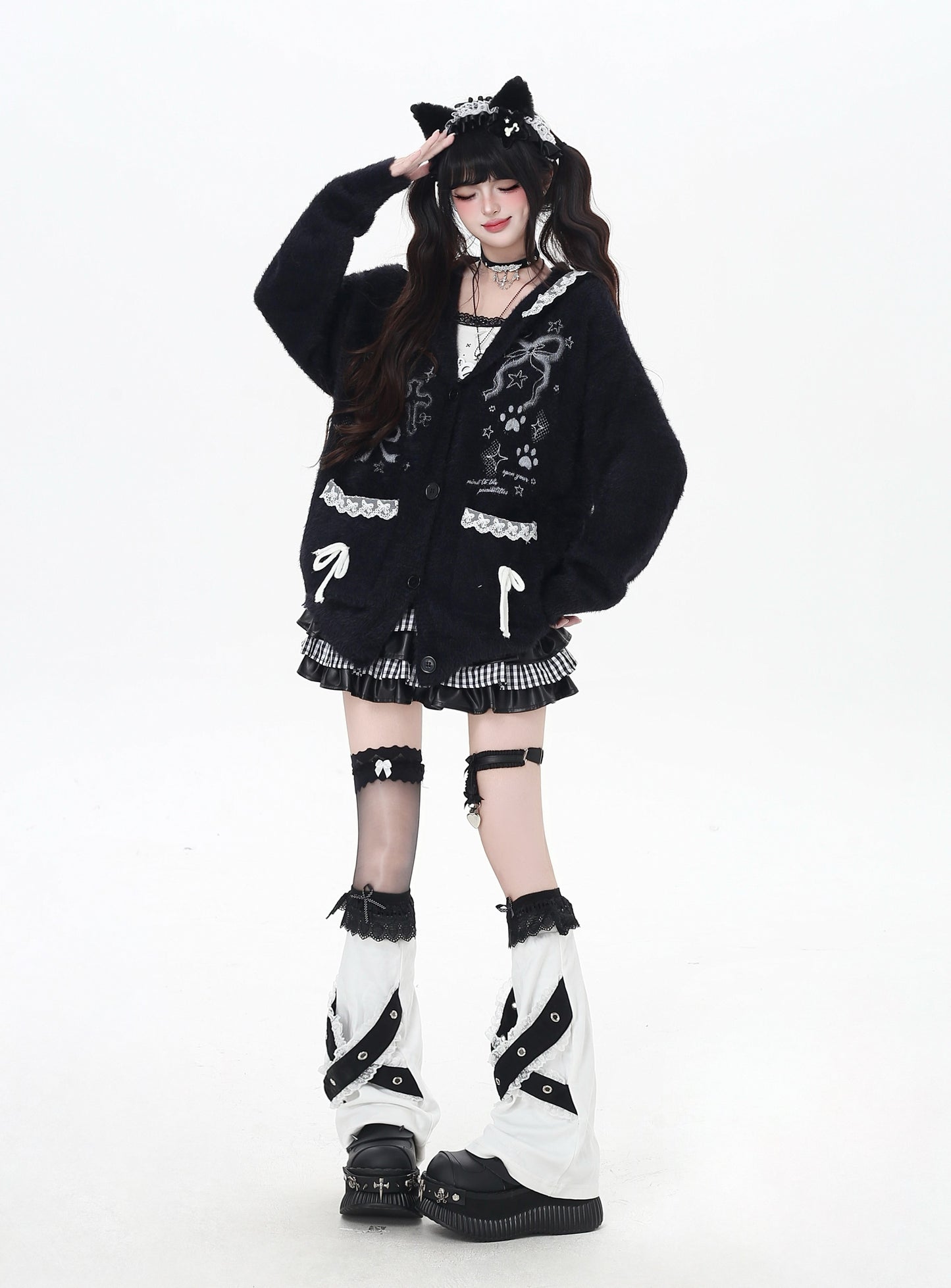 うさ耳レースフード付きニットカーデ