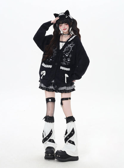 うさ耳レースフード付きニットカーデ