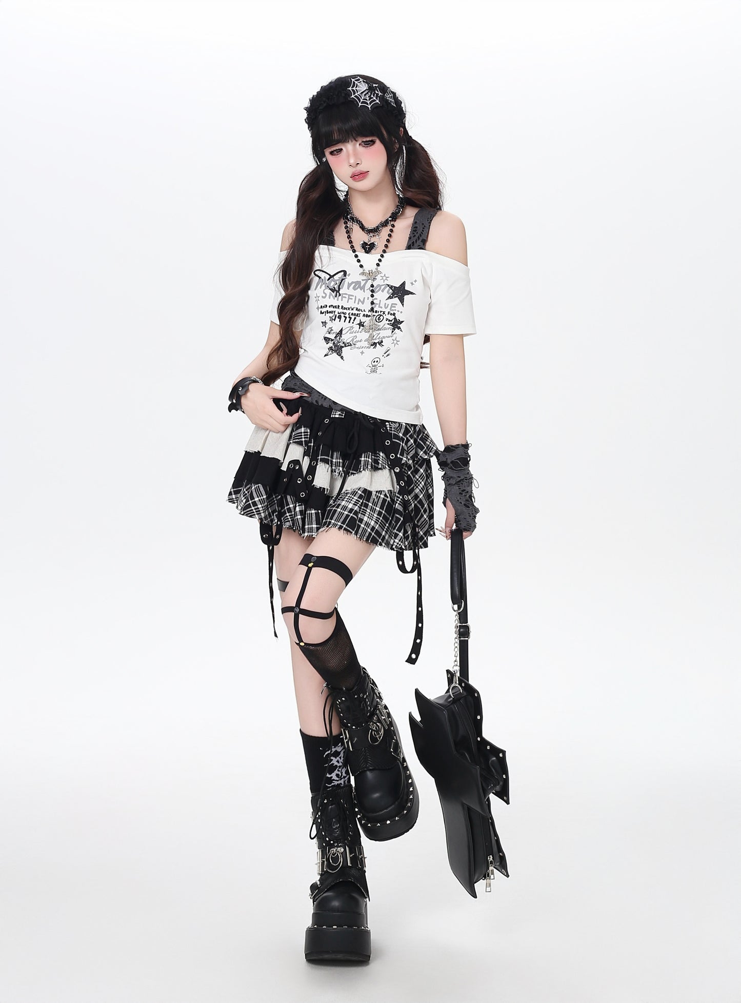 星柄フェイクレイヤード肩出しTシャツ