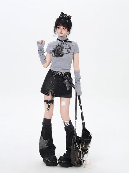 ハイネック☆ネコ柄スリム長袖Tシャツ