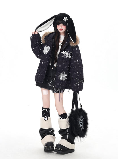 雪柄フード付き取り外し可毛襟コットンジャケット