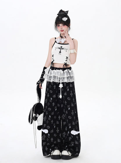 猫柄レーススウェットパンツ🖤ゆる甘ストリート