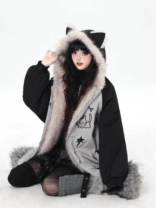 猫耳刺繍 ボリューム中綿アウター