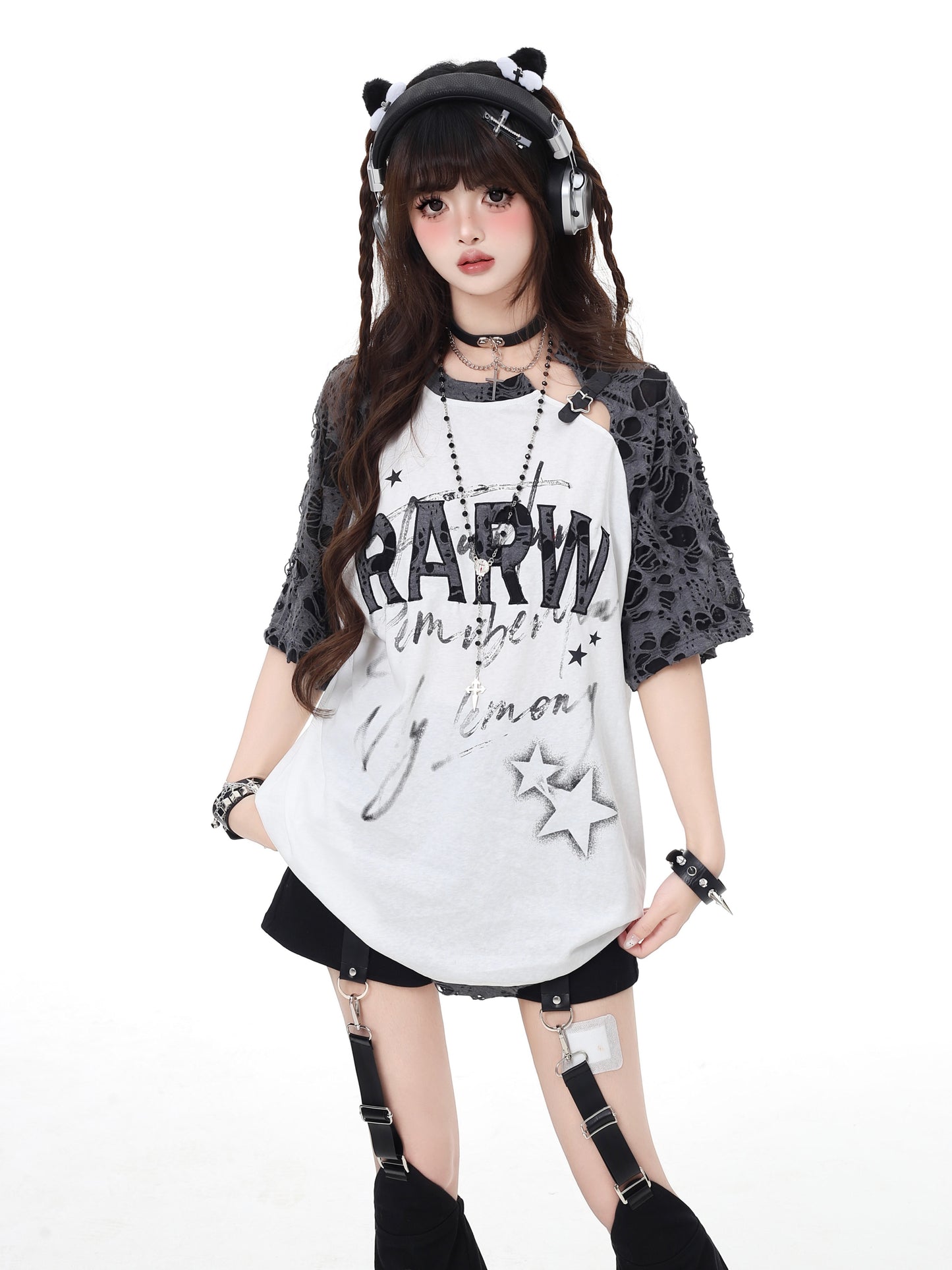 アンダーグラウンド 星柄 ダメージ＆ピースデザイン ゆるシルエットTシャツ