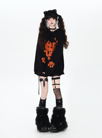 ねこモチーフ フード付きルーズニット｜黒×グレー サブカル