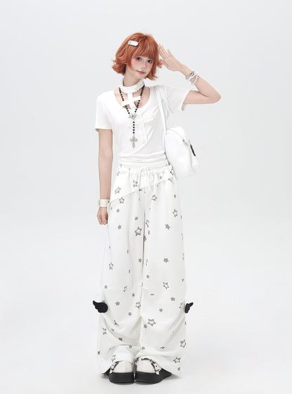 くすみスター柄 ルーズストレートパンツ