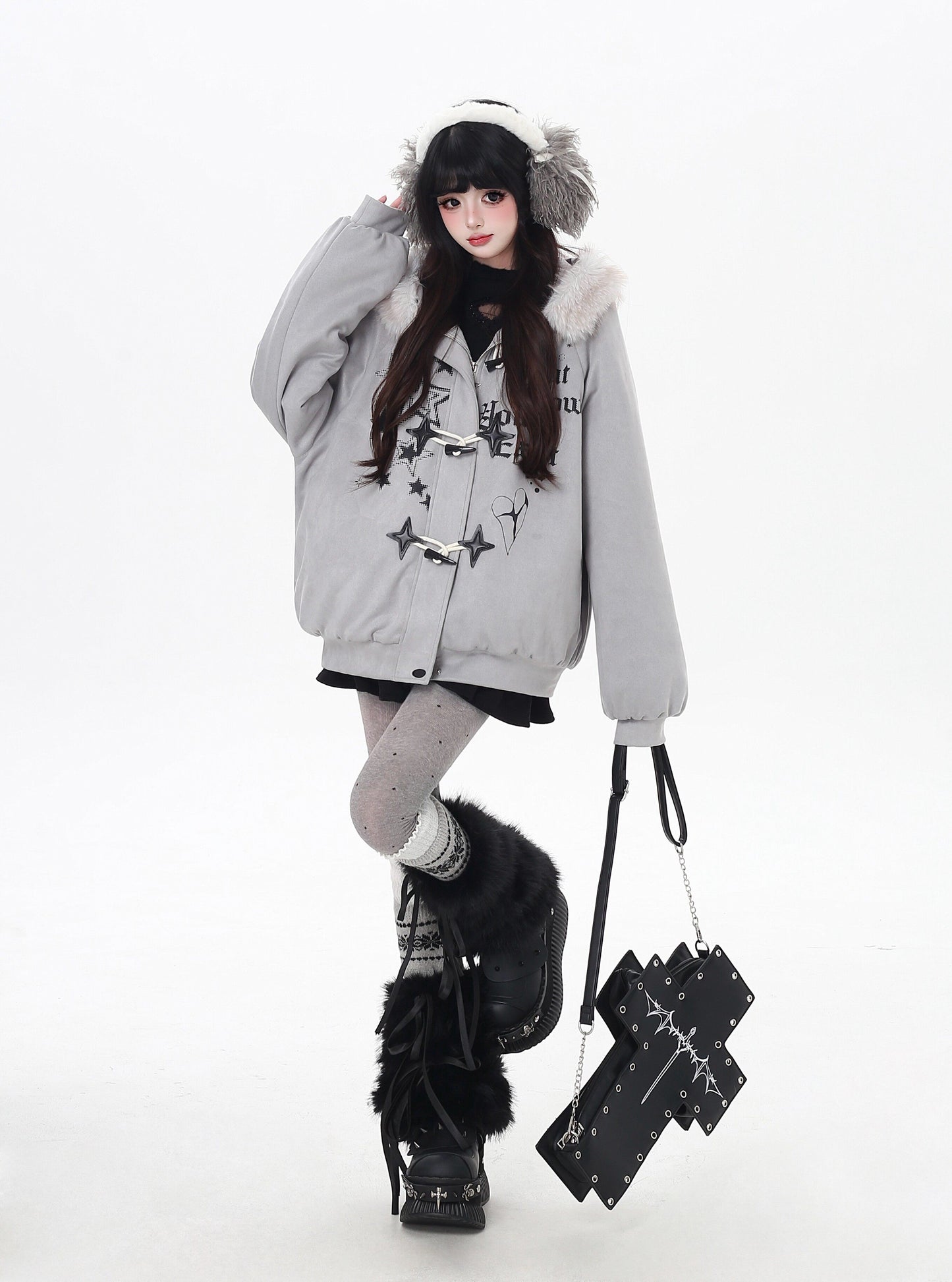 星柄レター×ボア襟取り外し可能 ゆるシルエット中綿ジャケット