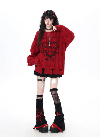 ヴィンテージハート×ダメージVネックゆるカジュアルニット