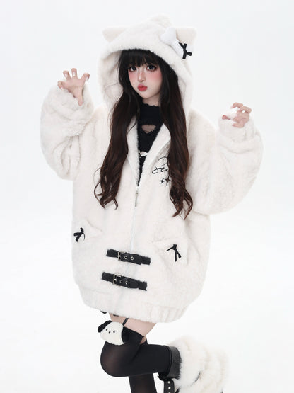 刺繍ねこ耳フード付き厚手ボアジャケット