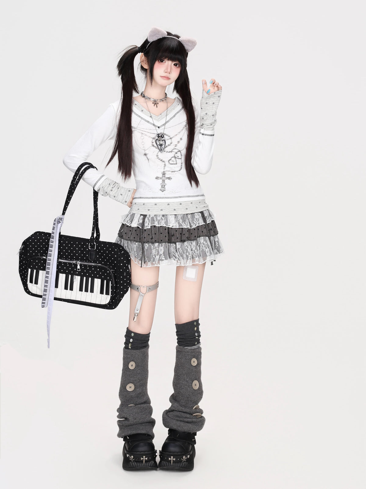 ハートグラフィックフェイクレイヤード長袖トップス