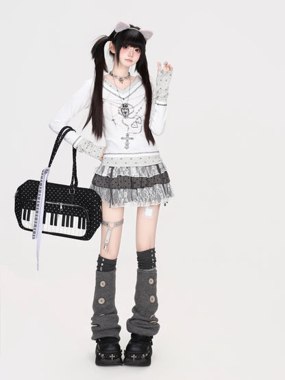 ハートグラフィックフェイクレイヤード長袖トップス