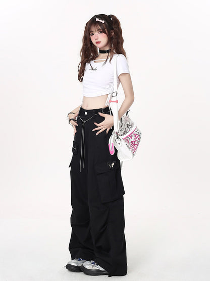 American style vintage work pants with waist chain