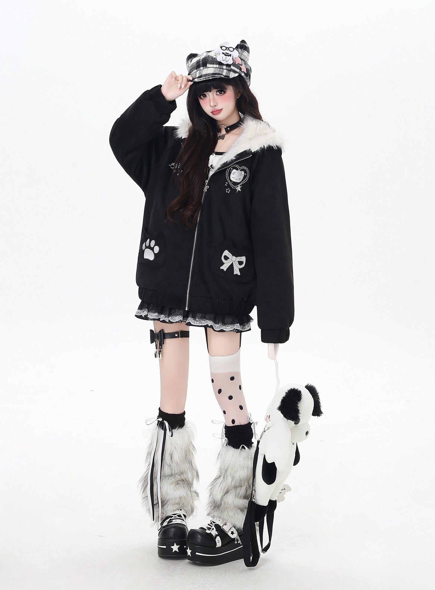 ねこ耳フード付きボアコットンジャケットコーデ