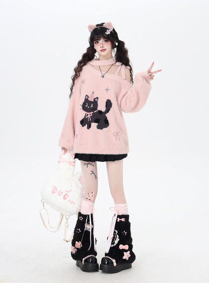 ねこ刺繍オフショルふわもこニット｜ガーリースタイル