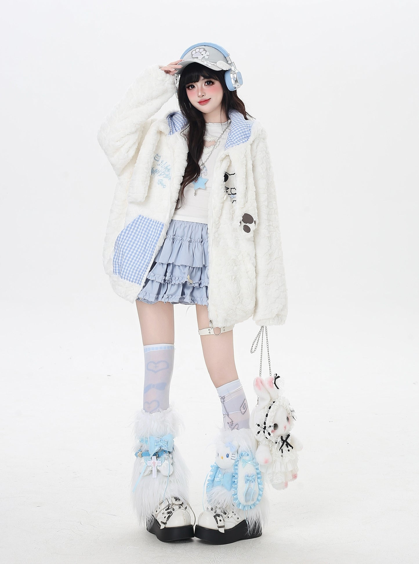 ねこモチーフチェックフード付きボアジャケット