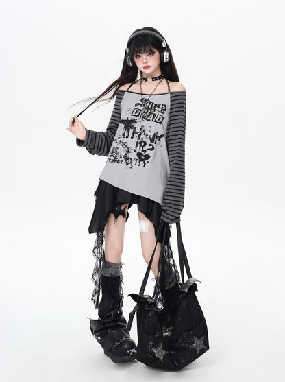 ロック系地雷ストライプホルターネック不規則Tシャツ秋