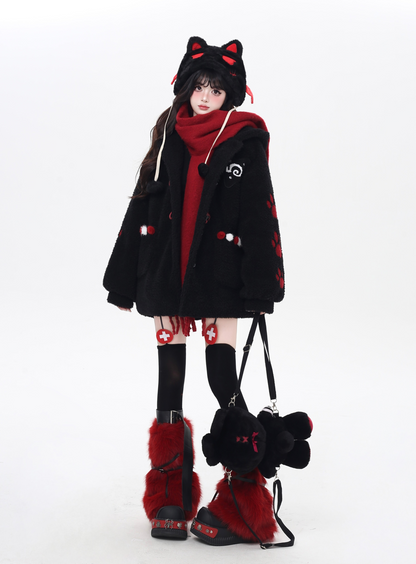 キャットモチーフ刺繍フードボアジャケット