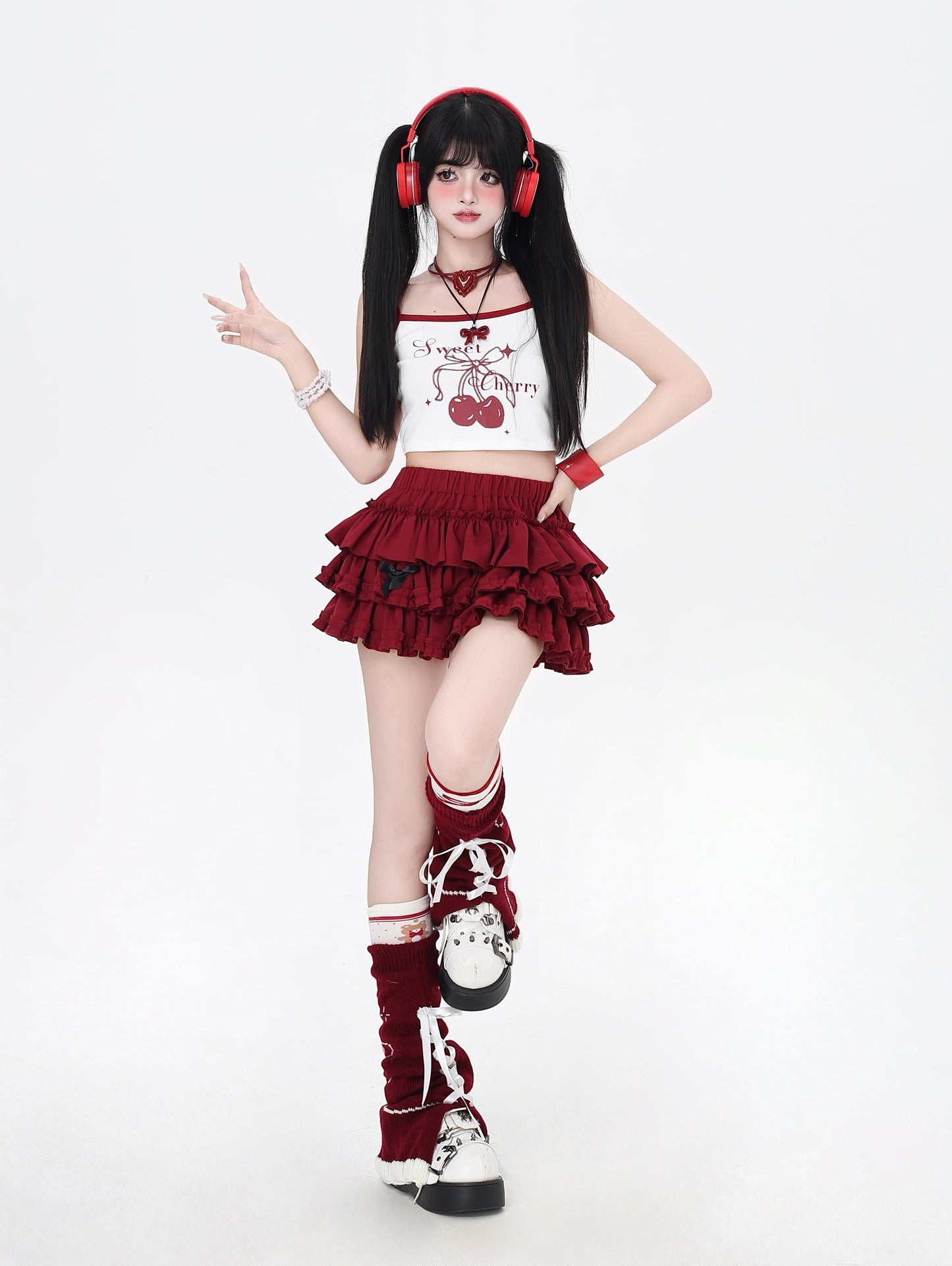 甘可愛いチェリー柄色分けキャミソール
