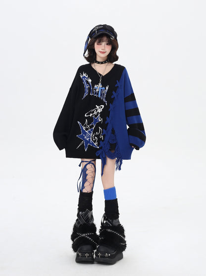 ゆるギャル系 Vネック配色リボンニット♡秋冬甘辛ミックス