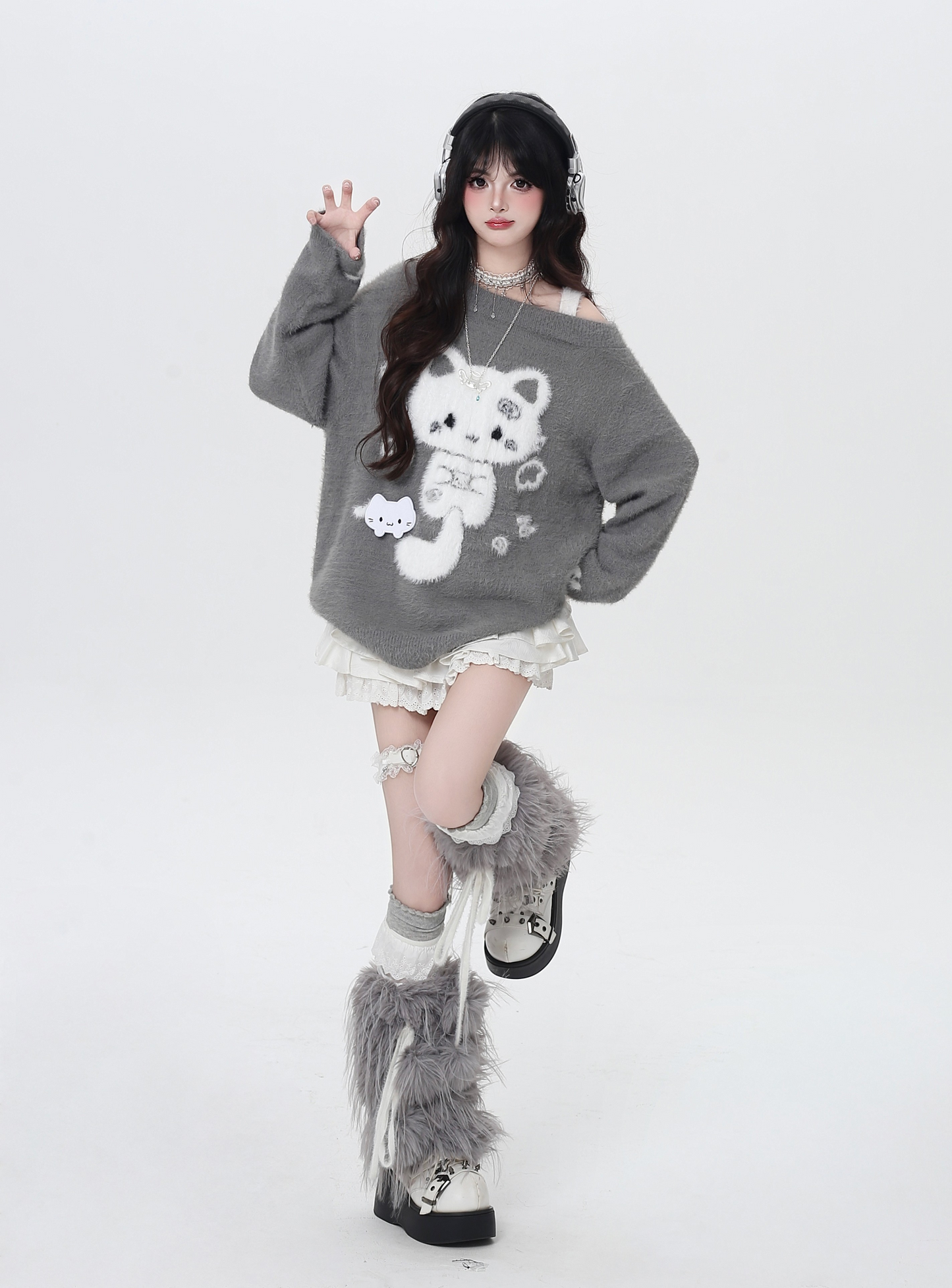 キャットモチーフアシメオフショルニット