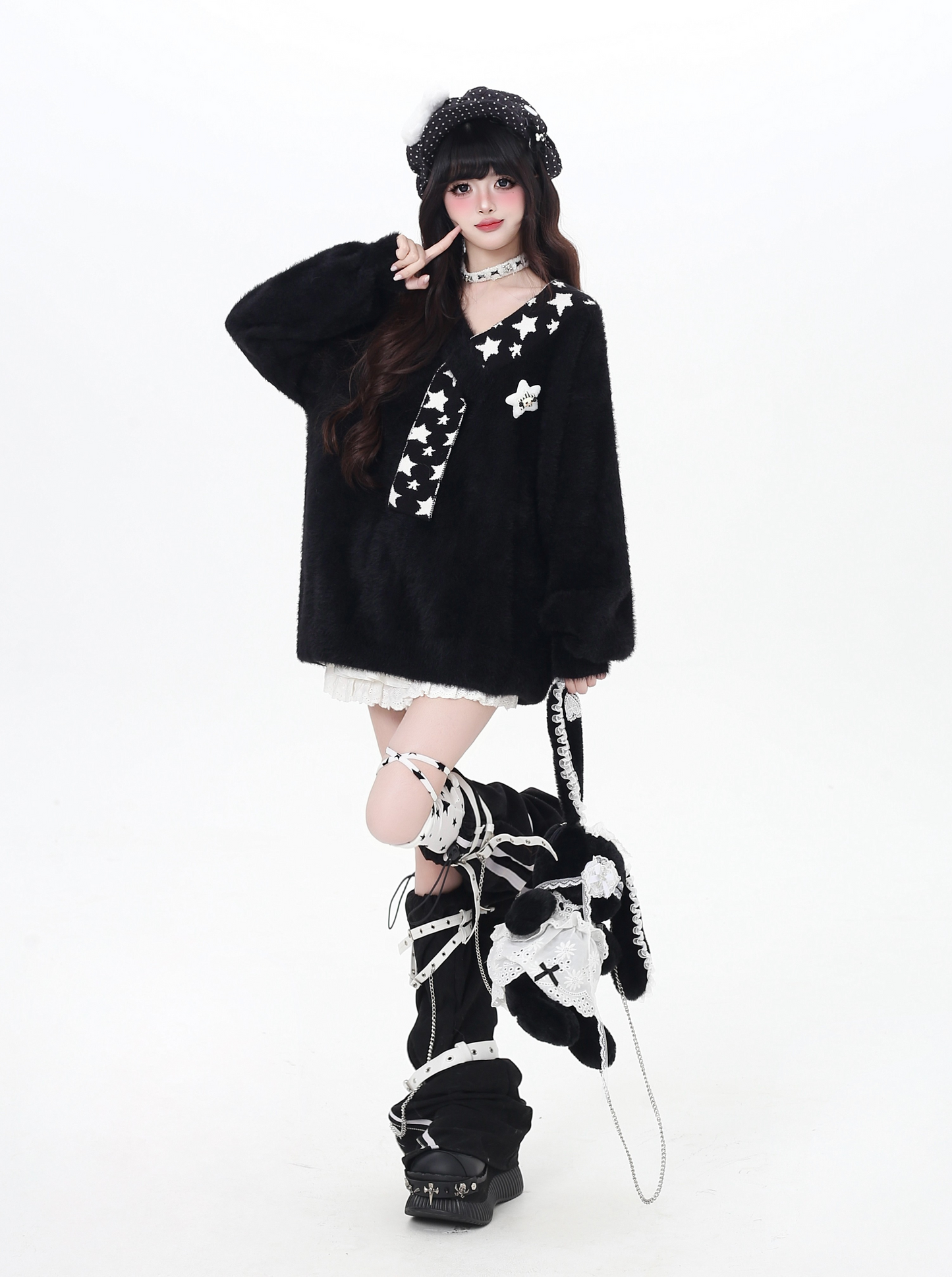 星モチーフフェイクファー重ね着風ニット