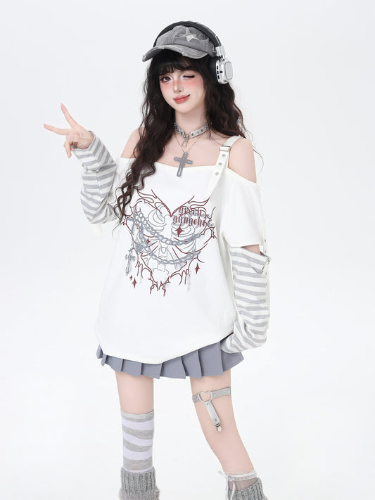 オフショル×ストライプ重ね風ロンT