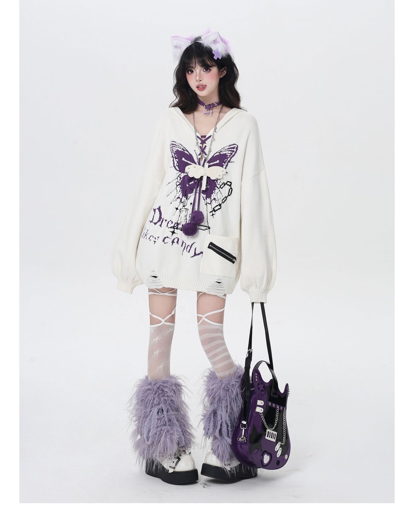 🦋Vネックリボンフーディゆる甘ニットカーデ