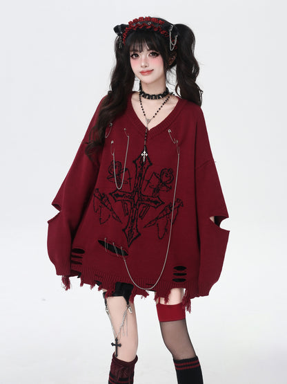 ゴシック破れチェーンVネックニット