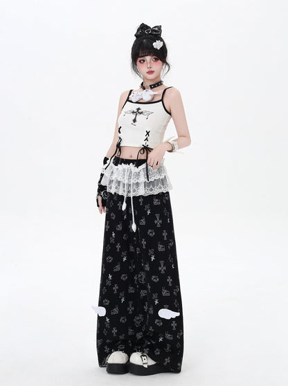 猫柄レーススウェットパンツ🖤ゆる甘ストリート