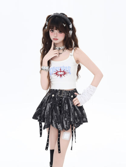 Tie-dye irregular vintage denim short skirt