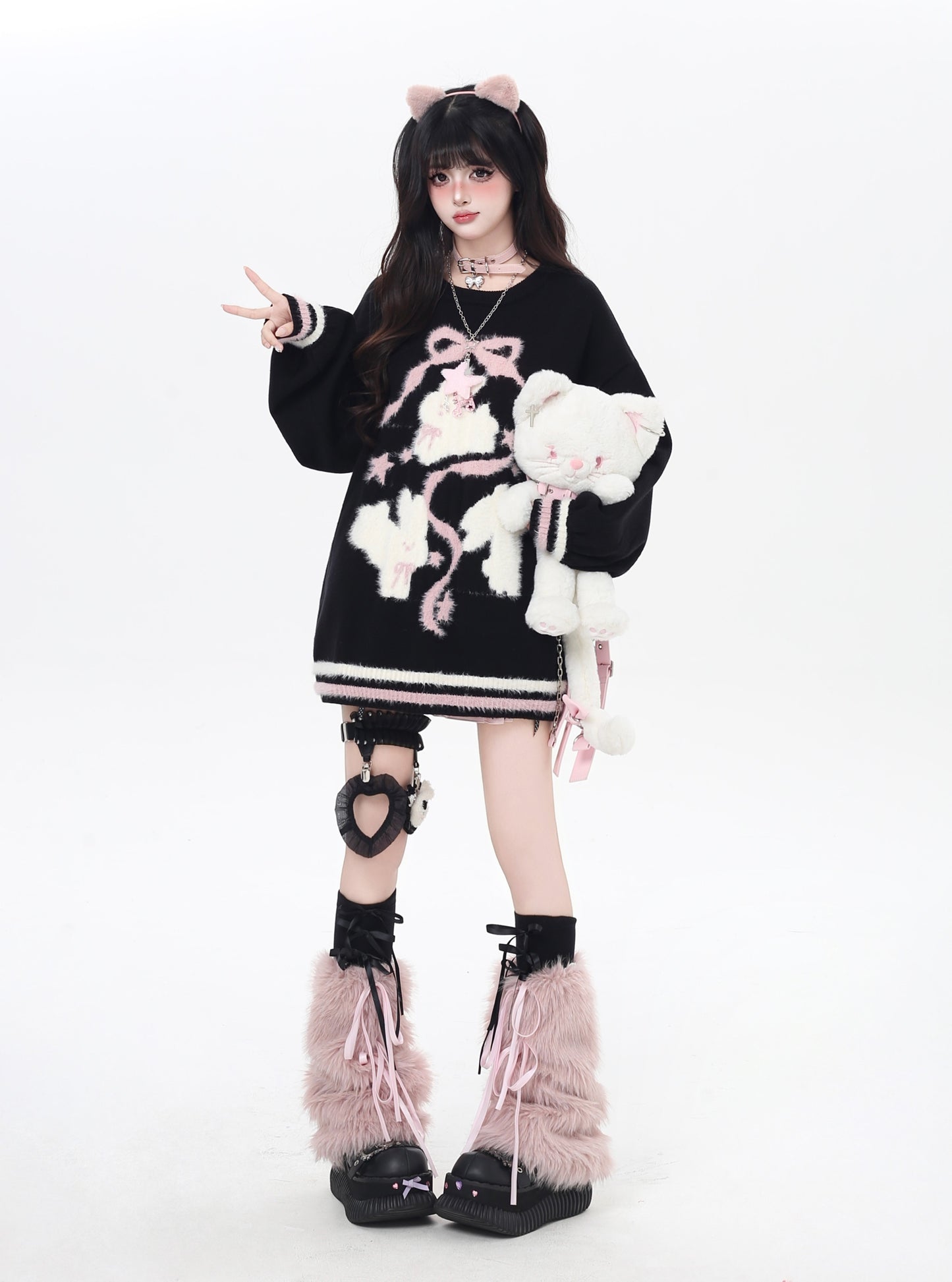 ゆる地雷 うさみみ×リボン ニットセーター 秋冬 オーバーサイズ 量産型 Y2Kコーデ