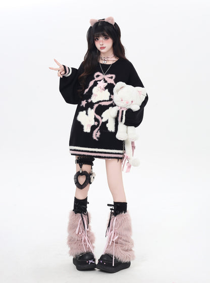 ゆる地雷 うさみみ×リボン ニットセーター 秋冬 オーバーサイズ 量産型 Y2Kコーデ