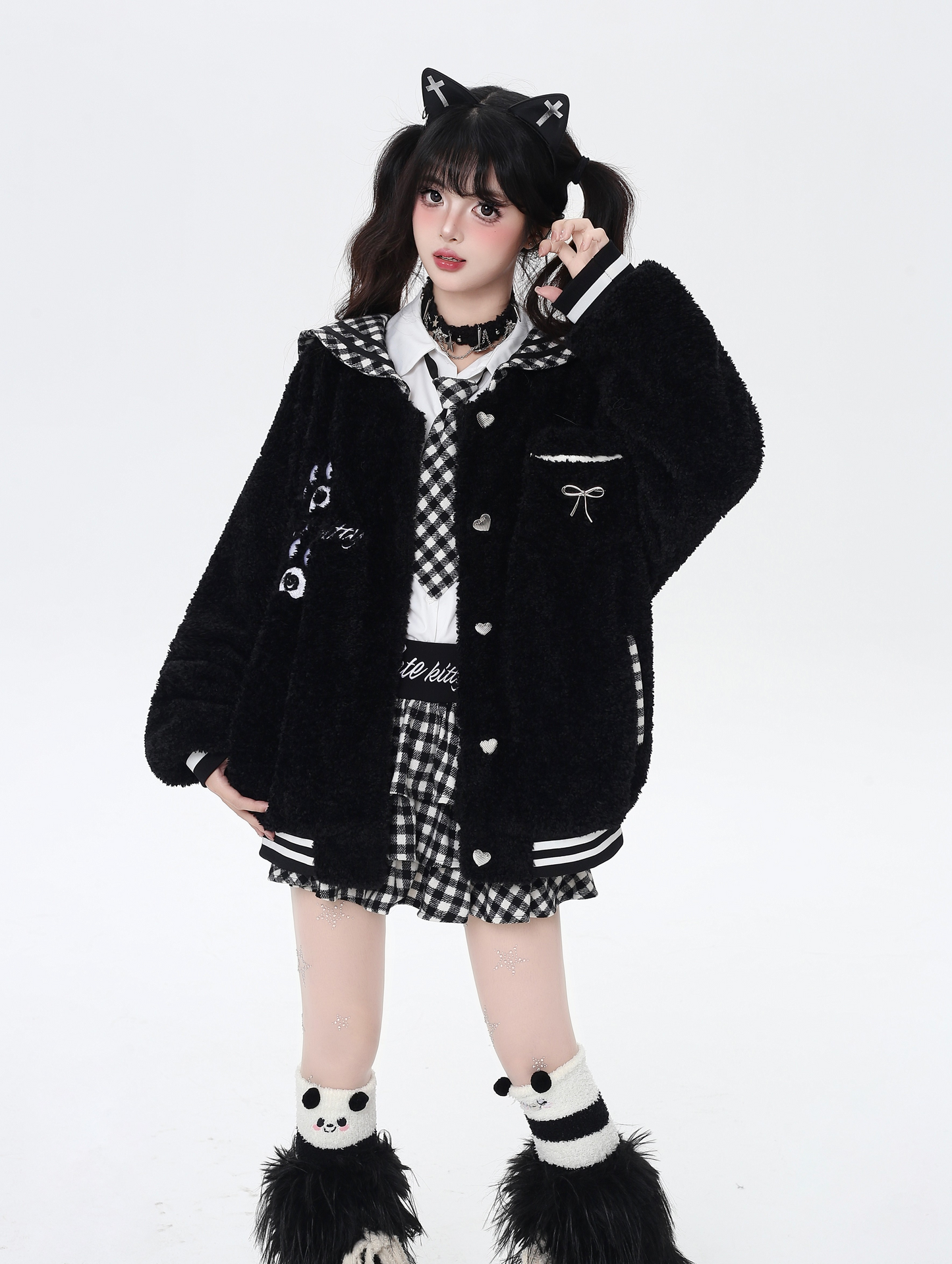 チェックセーラー襟ボアジャケット