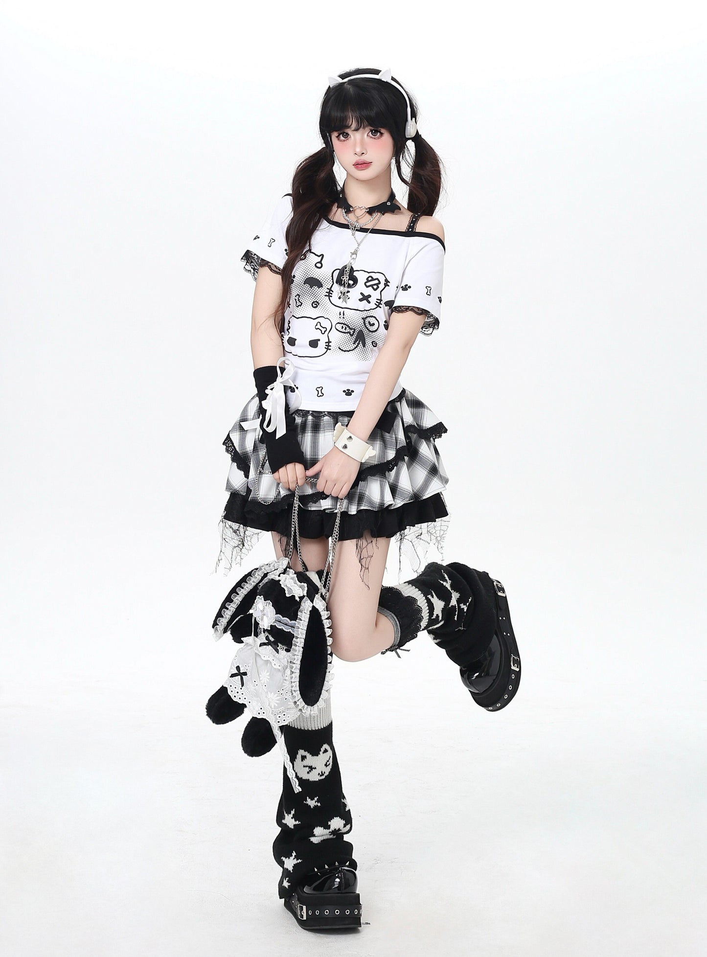 ねこプリントレースキャミレイヤード風T