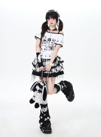 ねこプリントレースキャミレイヤード風T