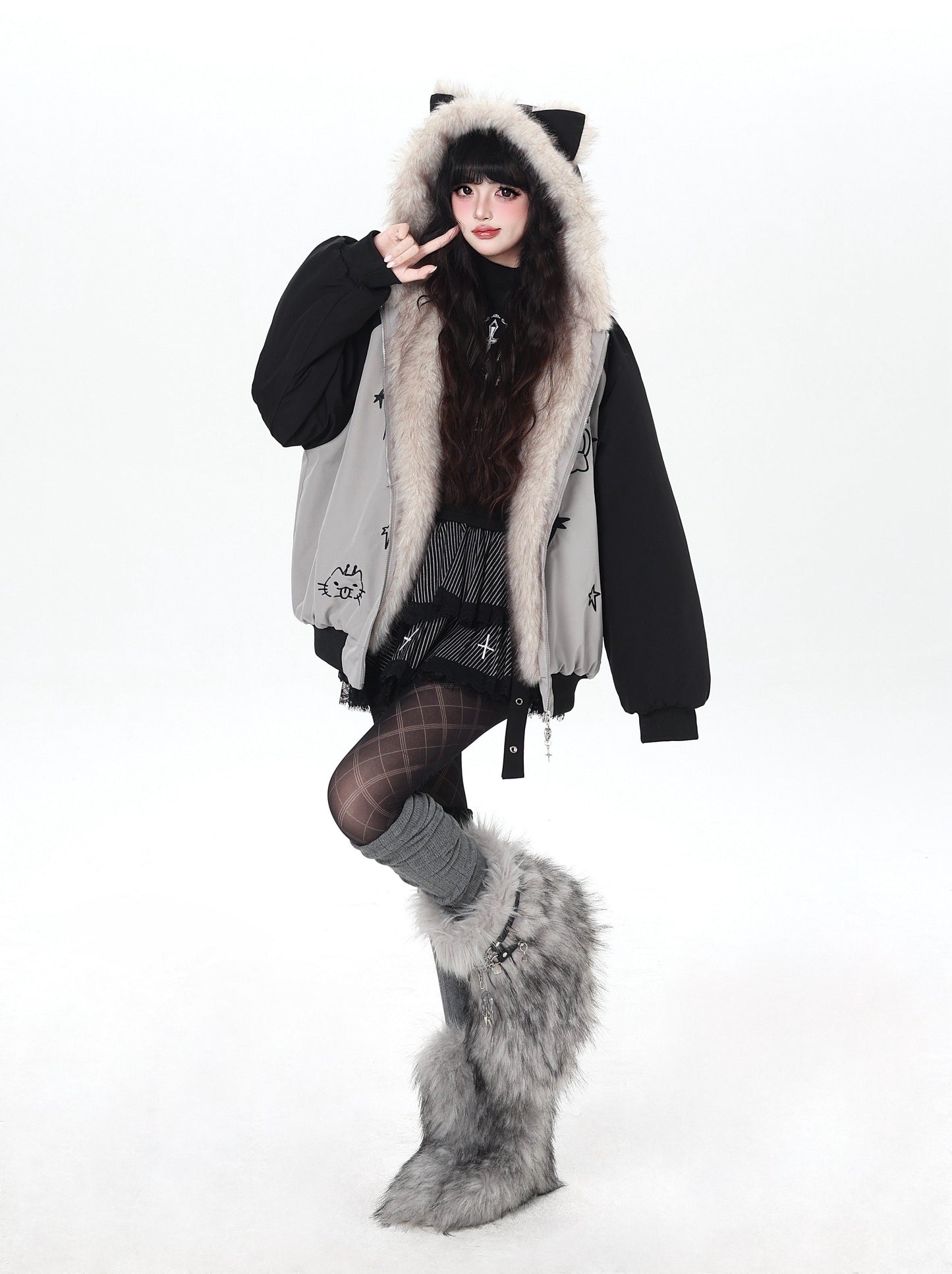 猫耳刺繍 ボリューム中綿アウター