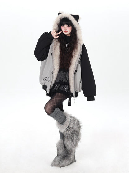 猫耳刺繍 ボリューム中綿アウター