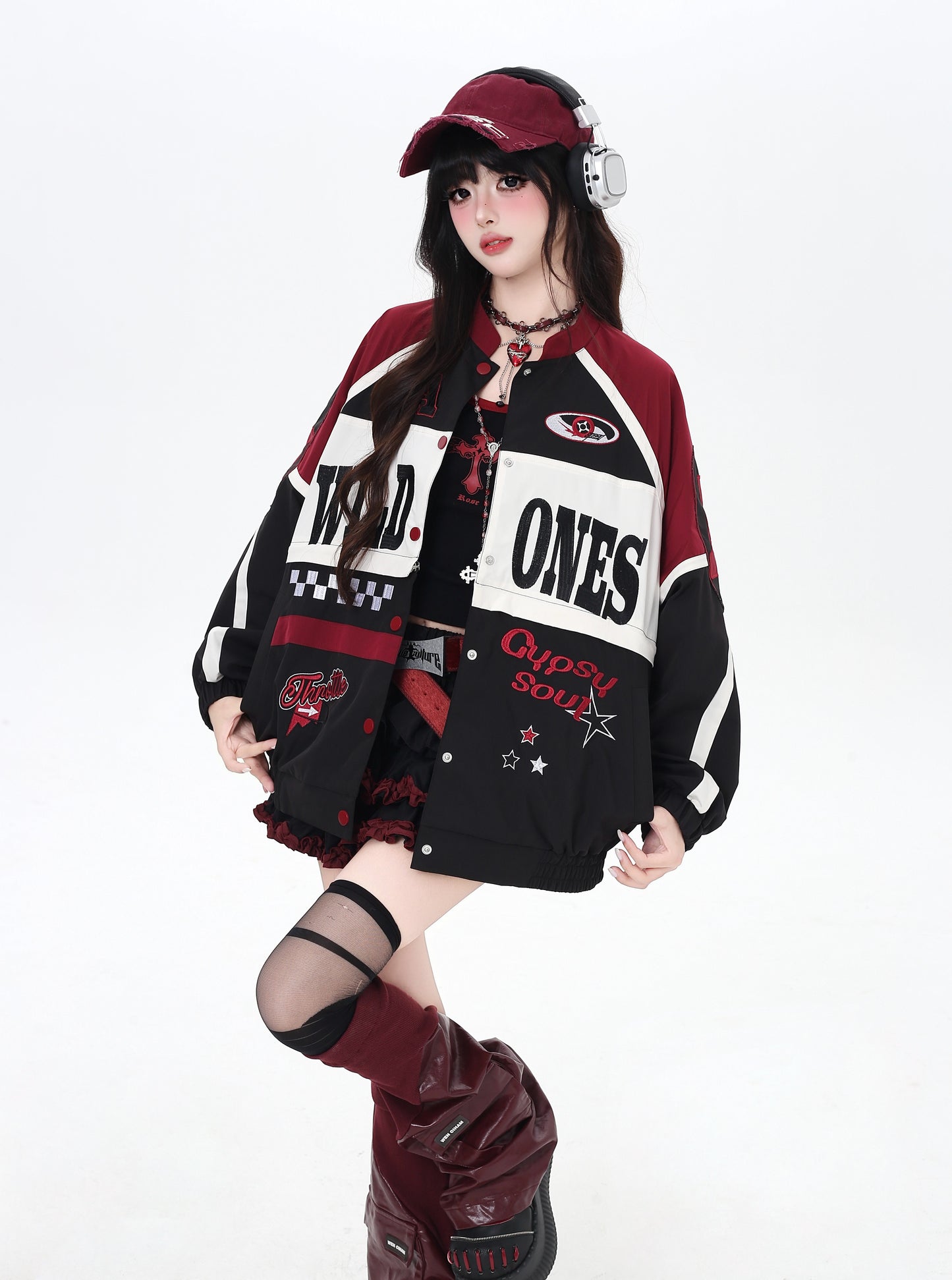 ストリート復古パッチワーク×ライダーズスタジャン（取り外し可能）