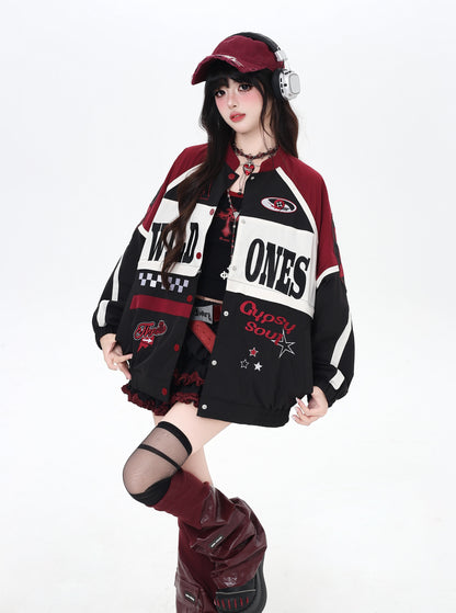 ストリート復古パッチワーク×ライダーズスタジャン（取り外し可能）