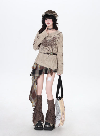 クラッシュ加工 バタフライ柄ロングスリーブT