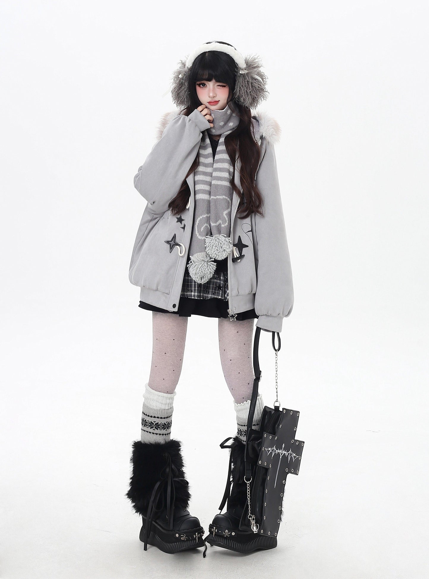 星柄レター×ボア襟取り外し可能 ゆるシルエット中綿ジャケット