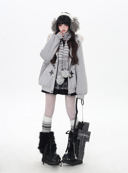 星柄レター×ボア襟取り外し可能 ゆるシルエット中綿ジャケット