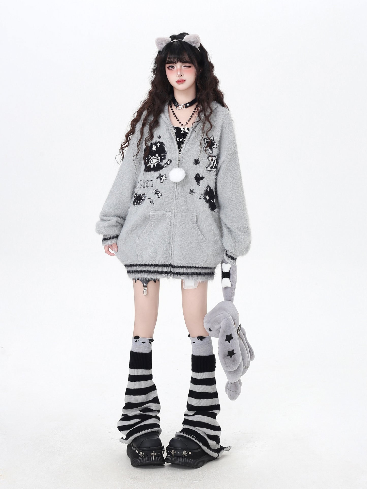 うさ耳フーディー付きゆるカワカーディガン秋冬