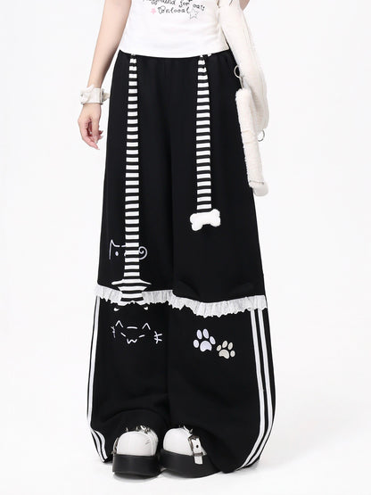 猫刺繍レースワイドパンツ