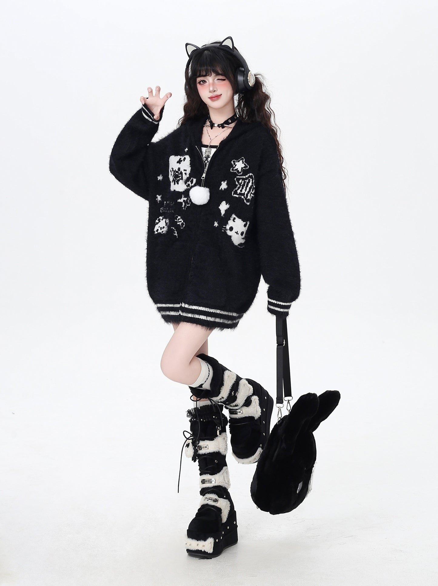 うさ耳フーディー付きゆるカワカーディガン秋冬