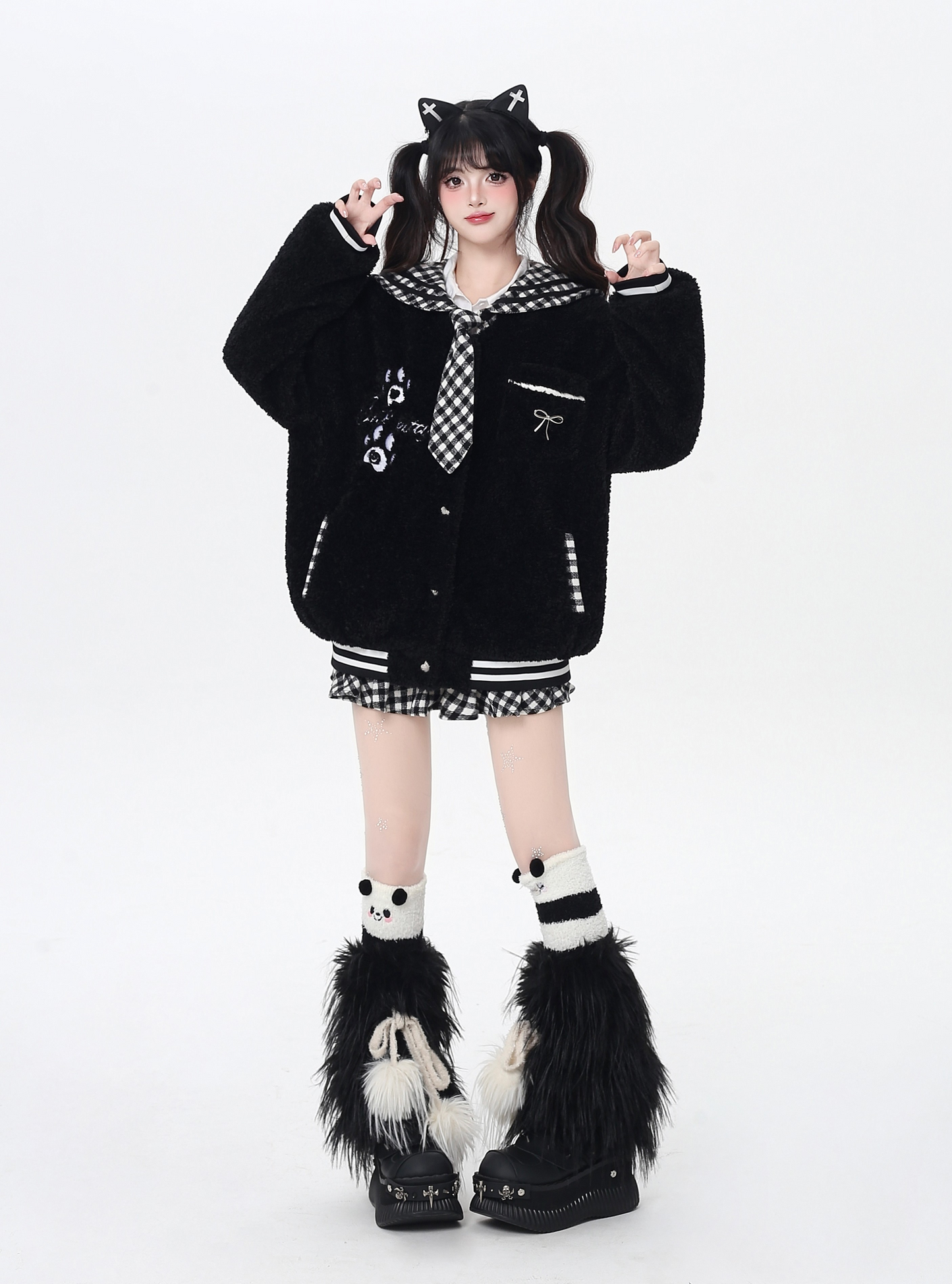 チェックセーラー襟ボアジャケット