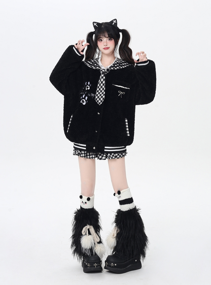 チェックセーラー襟ボアジャケット