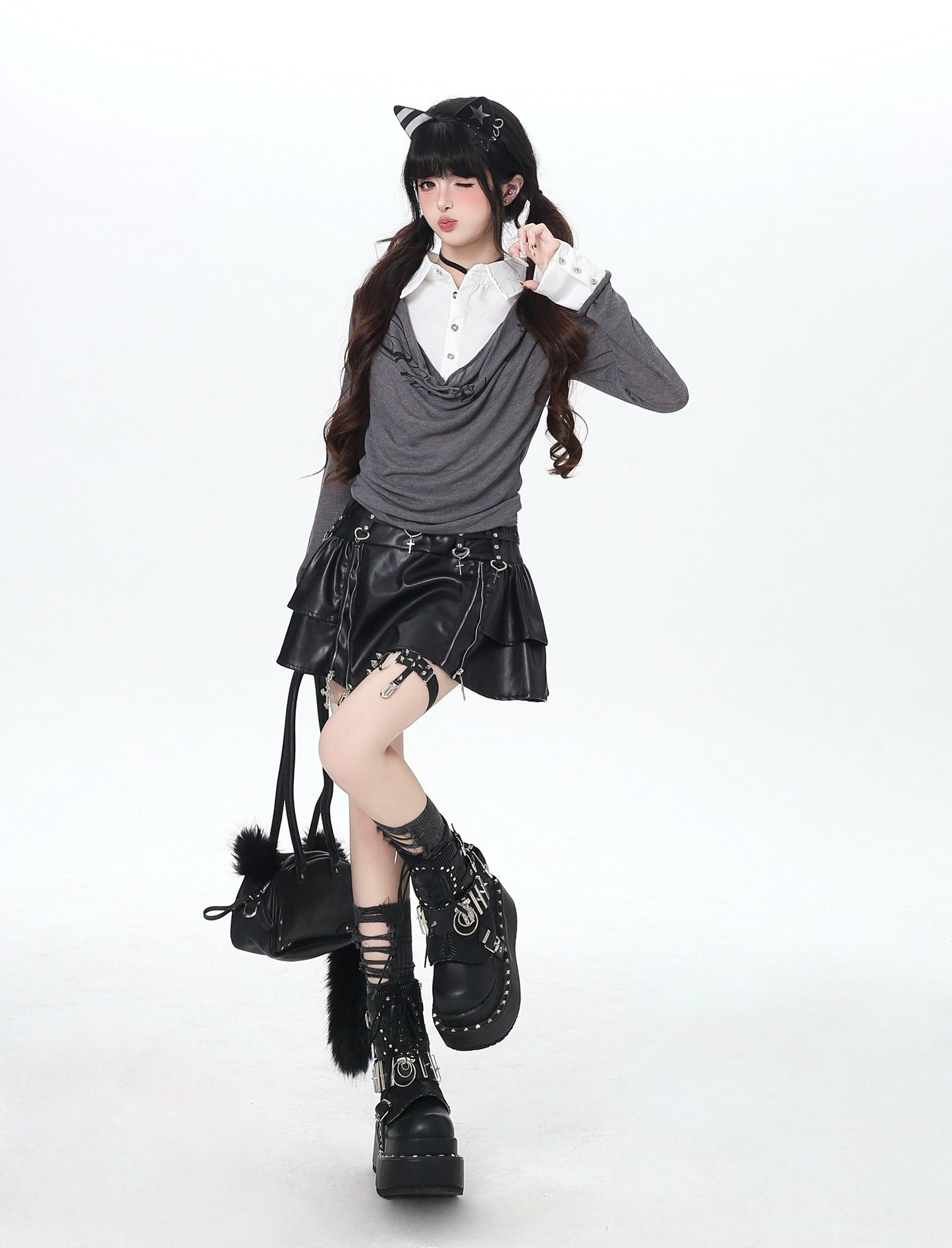 ポロ風レイヤードトップス｜韓国ガーリー・細見え