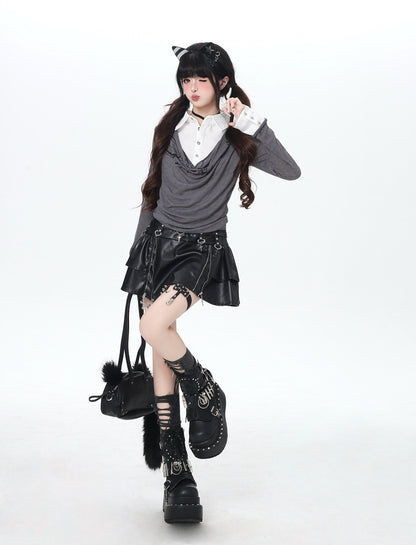 ポロ風レイヤードトップス｜韓国ガーリー・細見え